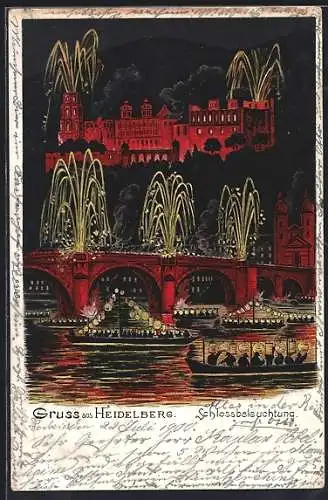 Lithographie Heidelberg, Schlossbeleuchtung bei Nacht