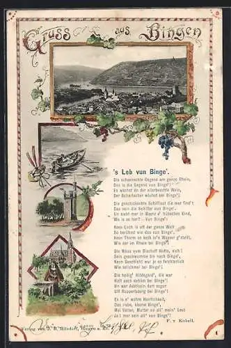 AK Bingen / Rhein, Ortsansicht, Nonne und Ruderboot im Weinreben-Passepartout