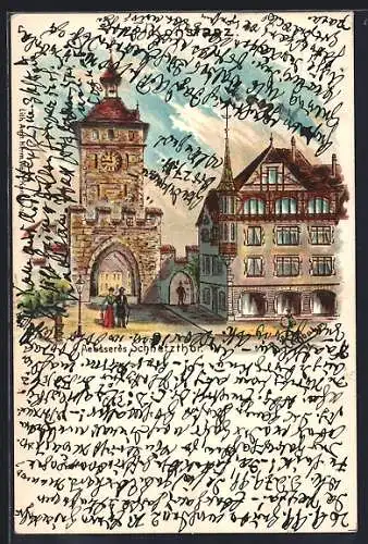 Künstler-AK Konstanz, Äusseres Schnetzthor mit Passanten