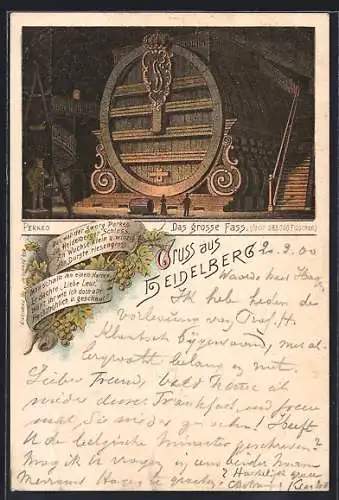 Lithographie Heidelberg, Das grosse Fass, Gedicht