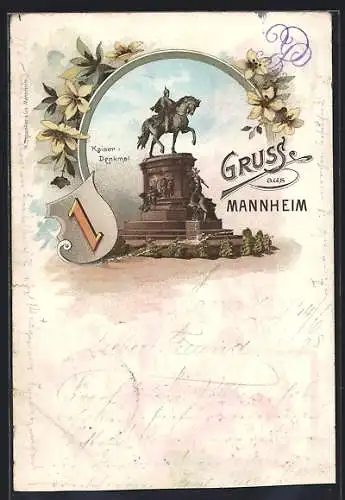 Lithographie Mannheim, Kaiser-Denkmal, Wappen mit Wolfsangel