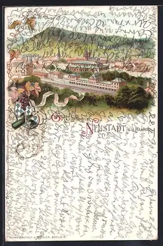 Lithographie Neustadt a. d. Haardt, Teilansicht aus der Vogelschau