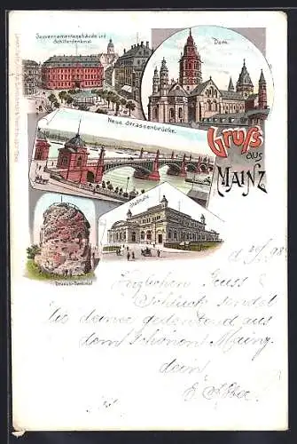 Lithographie Mainz, Dom, Stadthalle, Drusus-Denkmal, Gouvernementsgebäude u. neuer Strassenbrücke