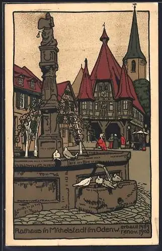 Steindruck-AK Michelstadt im Odenw., Brunnen am Rathaus