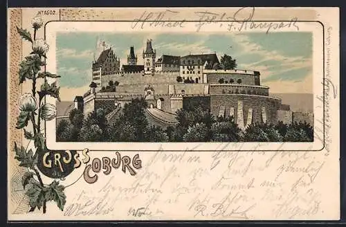 Lithographie Coburg, Blick auf Festung im Passepartout