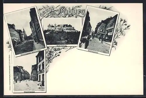 Lithographie Coburg, Ketschengasse, verschiedene Ansichten, Veste Coburg