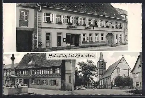 AK Schesslitz b. Bamberg, Gasthof u. Metzgerei Krapp, Ortspartie, Brunnen