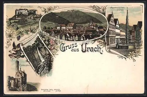 Lithographie Urach, Marktbrunnen, Uracher Wasserfall, Lichtenstein