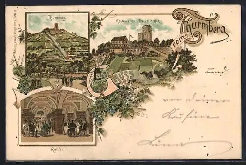 Vorläufer-Lithographie Durlach, 1893, Thurmnerg, Restauration Friedrichshöhe, Keller