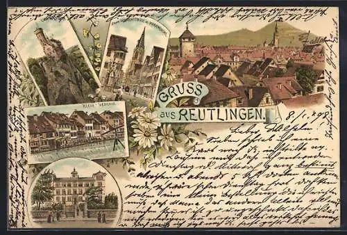 Lithographie Reutlingen, Lichtenstein, Klein-Venedig, Marienkirche, Totalansicht