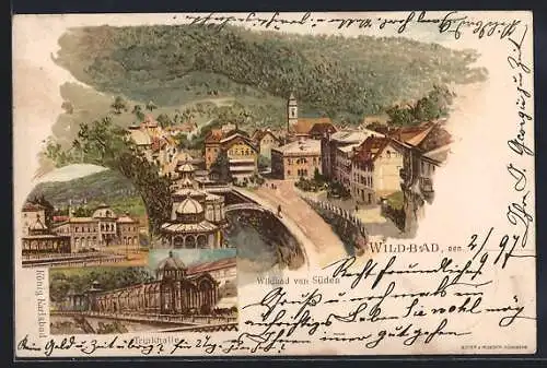 Lithographie Wildbad / Schwarzwald, Trinkhalle, König Karlsbad, Blick auf die Südseite