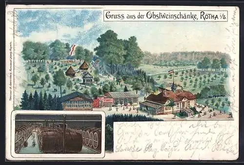 Lithographie Rötha /Sa., Gasthaus Obstweinschänke mit Umgebung, Weinkeller