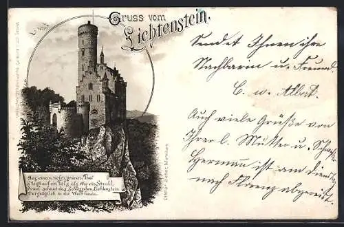 Lithographie Lichtenstein / Echaztal, Ansicht der Burg im Passepartout mit Vers