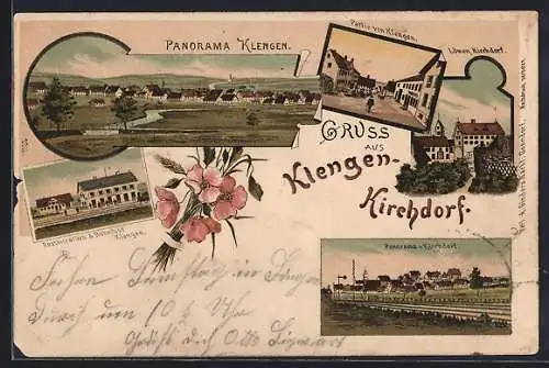 Lithographie Klengen-Kirchdorf, Ortsansicht von oben, Restauration und Bahnhof
