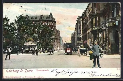 AK Hamburg-St. Georg, Spadenteich mit Strassenbahn