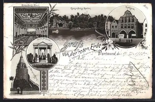 Lithographie Dortmund, Rote Erde, Gasthaus Kronenburg-Garten, Luisen-Denkmal und Rathaus