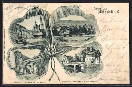 AK Michelstadt i. O., Marktplatz, Fürstenau Schloss mit Torbogen, Fürstenau Schlossmühle mit Pavillon