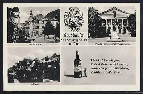 AK Nordhausen, Altes Rathaus, Stadttheater mit Wehrfreiheitsdenkmal, Altstadt, 