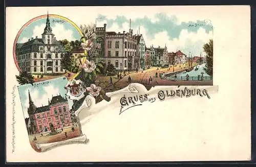 Lithographie Oldenburg / O., Am Stau, Schloss, Rathaus