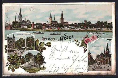 Lithographie Wesel / Rhein, Gesamtansicht, Kaiserplatz, Grosser Markt
