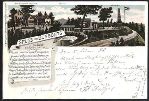 Lithographie Harzburg, Hôtel Burgberg mit Canossasäule und Brocken, Gedicht am Kaiserbrunnen