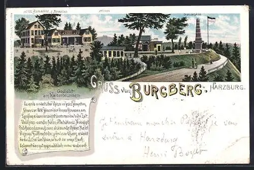 Lithographie Bad Harzburg, Burgberg, Gedicht am Kaiserbrunnen, Canosasäule, Hotel Burgberge