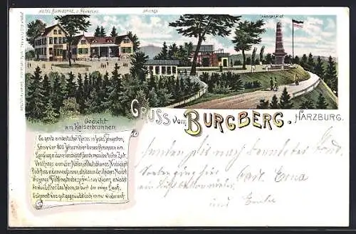 Lithographie Bad Harzburg, Gasthaus Burgberg, Brocken, Gedicht am Kaiserbrunnen