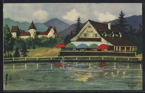 AK Füssen, Badesee mit Café-Restaurant, Blick gegen Füssen