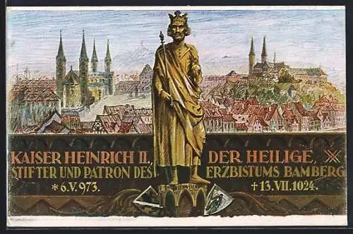 AK Bamberg, Festpostkarte Neunjahrhundertfeier des hl. Bistumspatrons Kaiser Heinrich II., 5-13. Juli 1924