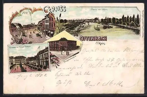 Lithographie Offenbach a / Main, Partie vom Main, Aliceplatz mit Krieger Denkmal, Markt