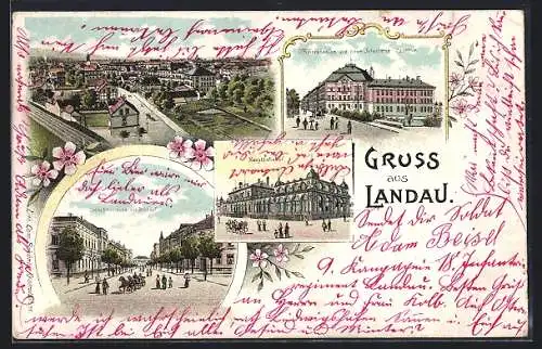 Lithographie Landau / Pfalz, Offizierscaserne und neue Infanterie-Caserne, Ostbahnstrasse am Bahnhof