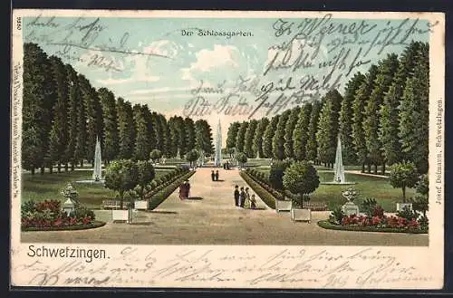 Lithographie Schwetzingen, Spaziergänger im Schlossgarten