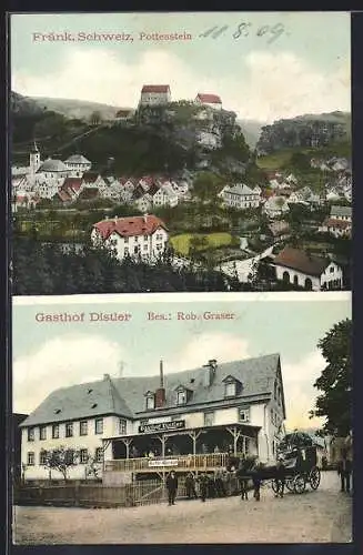 AK Pottenstein /Fränk. Schweiz, Gesamtansicht, Besucher vor dem Gasthof Distler