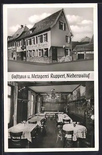 AK Niederwalluf, Gasthaus und Metzgerei Ruppert mit Innenansicht