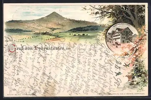 Lithographie Hohenstaufen, Totalansicht mit Blick zum Berg, Gasthaus zum Lamm