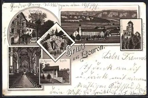 Lithographie Beuron, St. Mauruskapelle, Schloss Bronnen, Klosterpforte