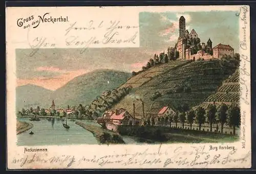 Lithographie Neckarzimmern /Neckartal, Flusspartie mit Blick zur Burg Hornberg