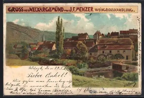 Künstler-AK Neckargemünd, Teilansicht mit Weingrosshandlung J.F. Menzer, Um 1900