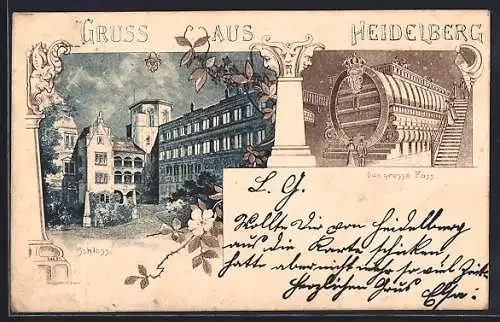 Lithographie Heidelberg, Das Schloss mit Anlage und das grosse Fass