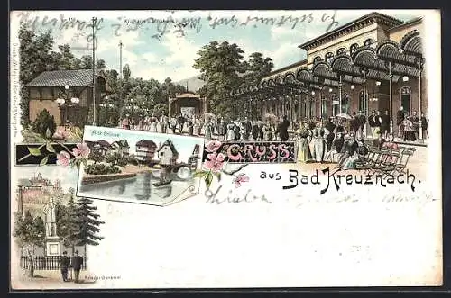 Lithographie Bad Kreuznach, Kriegerdenkmal, Alte Brücke, Kurhaus & Trinkhalle