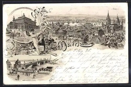 Lithographie Mainz, Stadthalle, Strassenbrücke, Totalansicht mit Dom
