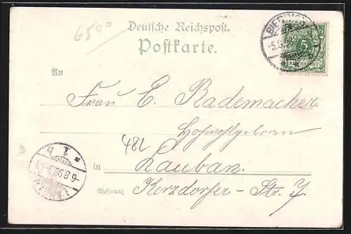 Lithographie Mainz, Stadthalle, Strassenbrücke, Totalansicht mit Dom