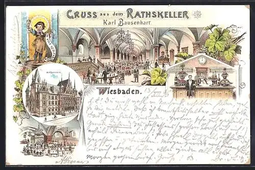 Lithographie Wiesbaden, Ratskeller, Rathaus, gedeckter Ausschank