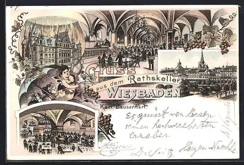 Lithographie Wiesbaden, Teilansicht, Restaurant Rathskeller