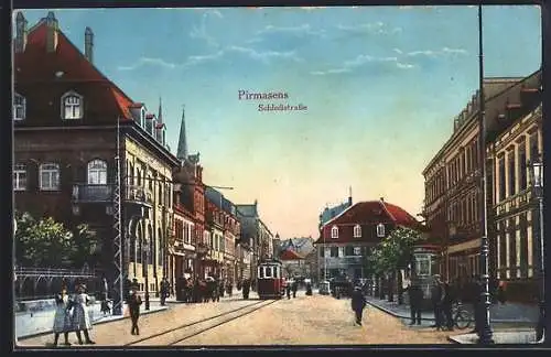 AK Pirmasens, Schlossstrasse mit Strassenbahn