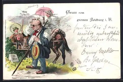 Lithographie Feldberg i. T., Wanderer trifft auf zwei Frauen beim Aufstieg