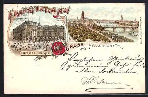 Lithographie Frankfurt /Main, Hotel Frankfurter Hof, C. Ritz, O & F. Hillengass, Panoramablick, Wappen