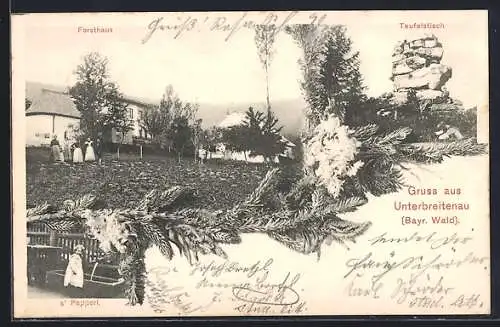 AK Unterbreitenau /Bayr. Wald, Forsthaus und Teufelstisch