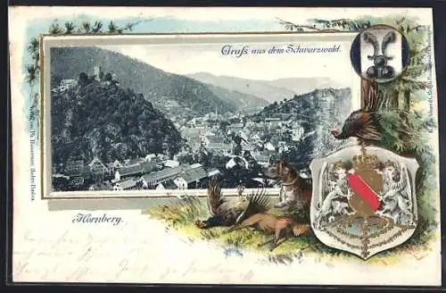 Passepartout-Lithographie Hornberg / Schwarzwald, Panorama mit Jagdhund und Auerhahn