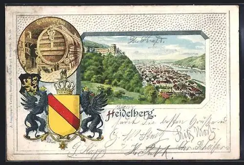Passepartout-Lithographie Heidelberg, Ortsansicht mit Fluss und Brücke, Das Heidelberger Fass, Wappen